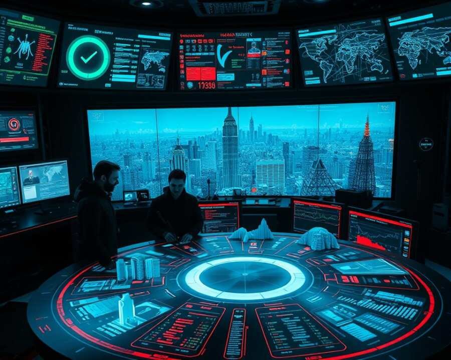 A bustling cybersecurity command center, with multiple holographic displays showcasing data visualizations and live threat intelligence feeds. In the foreground, a large circular table with detailed profiles of various hacker groups, including Molerats, displayed as 3D projections. The middle ground features experts in tactical gear studying the threat comparison, their faces illuminated by the cool glow of the displays. The background depicts a sprawling cityscape, with data streams and network topologies overlaying the skyline, conveying a sense of the global scale of the cyber threat landscape. Cinematic lighting and an ominous color palette create a tense, high-stakes atmosphere.