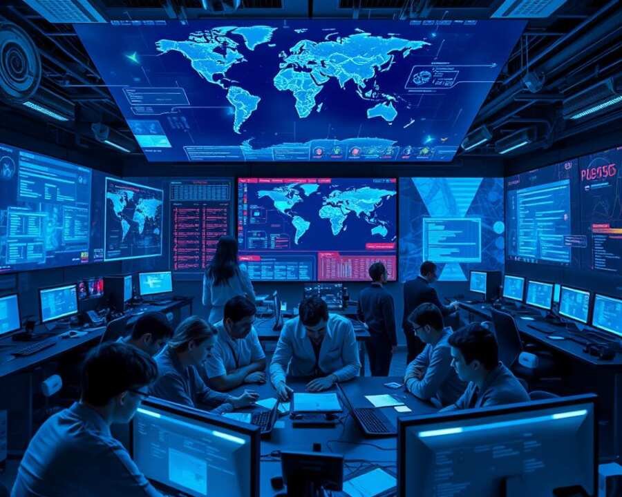 A bustling cybersecurity operations center, with analysts collaborating intently at their workstations. Holographic displays showcase intricate network diagrams and threat intelligence, casting a cool blue glow over the scene. In the foreground, a team huddles around a central table, poring over data and exchanging insights, their expressions determined. Overhead, a large screen displays a world map, pinpointing the origins and spread of the Gamaredon hacking group's activities. The atmosphere is one of focused intensity, as the defenders work tirelessly to counter the persistent cyber threats.