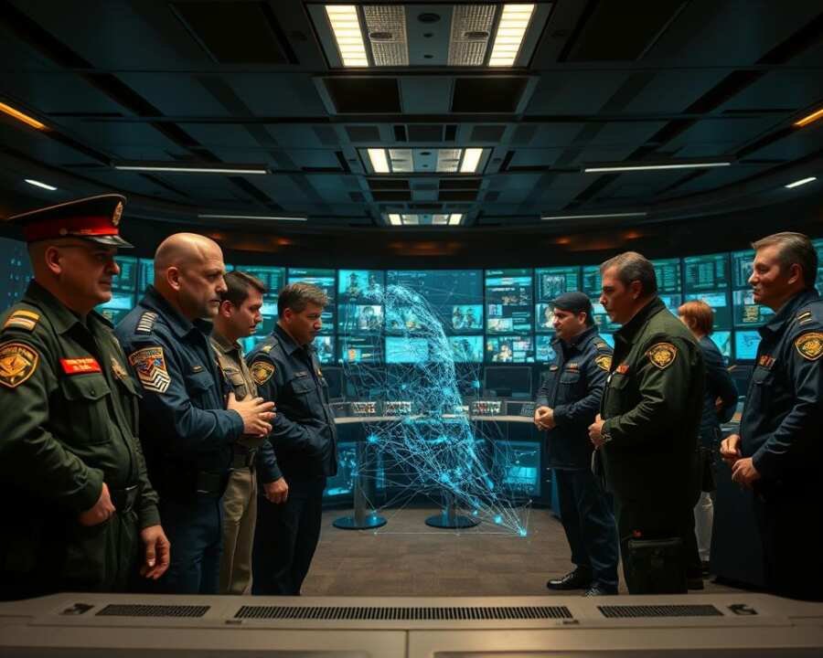 A bustling scene of international security cooperation, captured in a wide-angle view. In the foreground, law enforcement officials from diverse nations stand side-by-side, their uniforms and insignia representing the global nature of the effort. Tension and determination fill their expressions as they collaborate, exchanging information and strategizing. In the middle ground, a large holographic display projects a complex network of cyber threats, the data illuminating the scale and interconnectedness of the challenges they face. The background is a panoramic view of a modern command center, with banks of screens and a hushed atmosphere of focused activity. Soft, directional lighting casts dramatic shadows, heightening the sense of urgency and shared purpose. A bustling scene of international security cooperation, captured in a wide-angle view. In the foreground, law enforcement officials from diverse nations stand side-by-side, their uniforms and insignia representing the global nature of the effort. Tension and determination fill their expressions as they collaborate, exchanging information and strategizing. In the middle ground, a large holographic display projects a complex network of cyber threats, the data illuminating the scale and interconnectedness of the challenges they face. The background is a panoramic view of a modern command center, with banks of screens and a hushed atmosphere of focused activity. Soft, directional lighting casts dramatic shadows, heightening the sense of urgency and shared purpose.