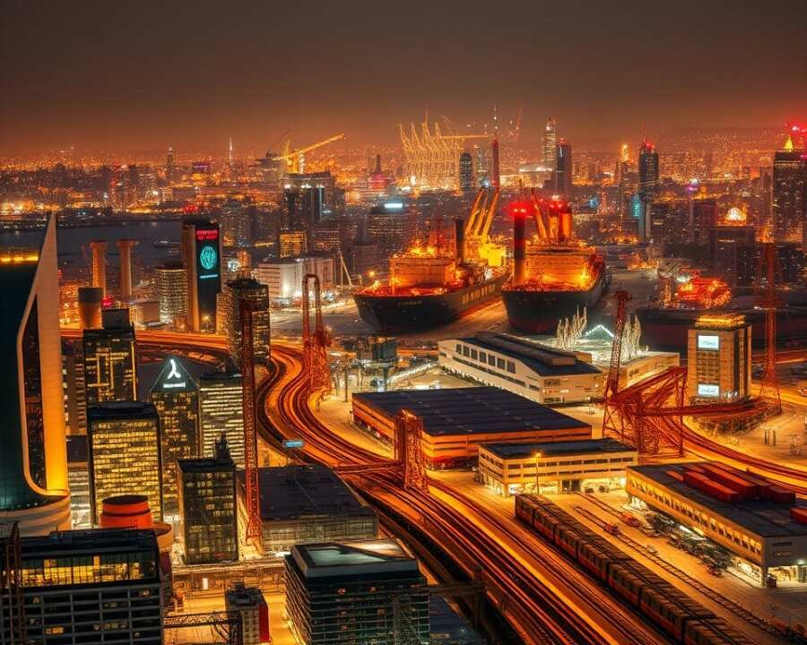 A cityscape of various industry sectors, illuminated by a warm, golden glow. In the foreground, sleek skyscrapers and modern factory buildings, their facades reflecting the vibrant lights below. In the middle ground, transportation hubs bustle with activity - trains, trucks, and cargo ships converging to facilitate the flow of goods. The background is a panoramic view of the city, its skyline punctuated by the silhouettes of power plants, research facilities, and financial centers, each representing a vital component of the targeted industry sectors. The scene conveys a sense of interconnectedness, efficiency, and the dynamic nature of the commercial landscape.