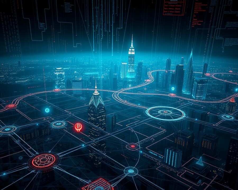 A complex and intricate cyber espionage campaign map, rendered in a dark, technical style. In the foreground, a detailed network of interconnected nodes and data streams, pulsing with information. The middle ground depicts various geographical regions, with key locations highlighted by glowing holographic markers. In the background, a sprawling cityscape, its skyscrapers and infrastructure rendered in a cyberpunk aesthetic, bathed in an eerie glow. Hacking tools, encryption algorithms, and complex code fragments weave throughout the scene, creating a sense of technological sophistication and the constant threat of digital intrusion. Dramatic lighting, sharp camera angles, and a moody color palette convey the high-stakes, covert nature of this cyber-warfare landscape.