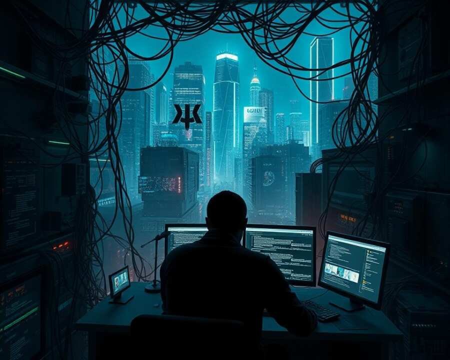 A complex array of digital infrastructure, servers, and network cables intertwine, forming a ominous cyberpunk landscape. In the foreground, a shadowy figure sits at a desk, the glow of multiple monitors casting an eerie light across their face as they navigate intricate lines of code. The middle ground is filled with a tangle of holographic displays, data streams, and virtual interfaces, hinting at the sophisticated tools and techniques employed in the execution of a targeted cyber attack. In the background, a distorted cityscape of towering skyscrapers and glowing neon lights reflects the ominous atmosphere, suggesting the wide-reaching impact of such digital intrusions. Dramatic lighting, deep shadows, and a moody color palette evoke a sense of tension and unease, capturing the high-stakes nature of these "Procedures: Step-by-Step Execution of Metador's Attacks".