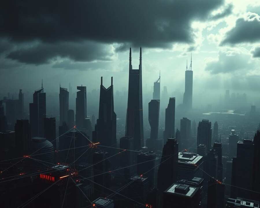A complex, multi-stage cyber attack unfolding in a dystopian cityscape. In the foreground, a series of interconnected nodes and vectors representing the delivery chain - malware injection, data exfiltration, command and control. The middle ground features futuristic skyscrapers and infrastructure, their digital vulnerabilities exposed. In the background, an ominous skyline shrouded in digital fog, hinting at the broader scope of the attack. Dramatic chiaroscuro lighting casts deep shadows, creating a sense of tension and unease. The scene is rendered in a gritty, hyper-realistic style, emphasizing the gravity of the situation.