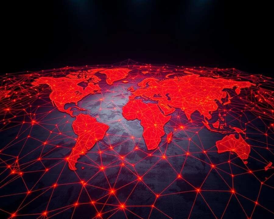 A complex network of colored lines and shapes representing the geographic distribution and patterns of a ransomware attack. The foreground displays a series of interlocking polygons in shades of red, orange, and yellow, suggesting the geographical spread and intensity of the attack. The middle ground features a topographical map backdrop with subtle terrain features in muted blues and greens, providing context for the attack patterns. The background contains a subtle web of interconnected nodes and lines, hinting at the underlying digital infrastructure that has been compromised. Dramatic lighting casts dramatic shadows, creating a sense of unease and foreboding. Rendered in a photorealistic style using a wide-angle lens to capture the full scope of the attack.