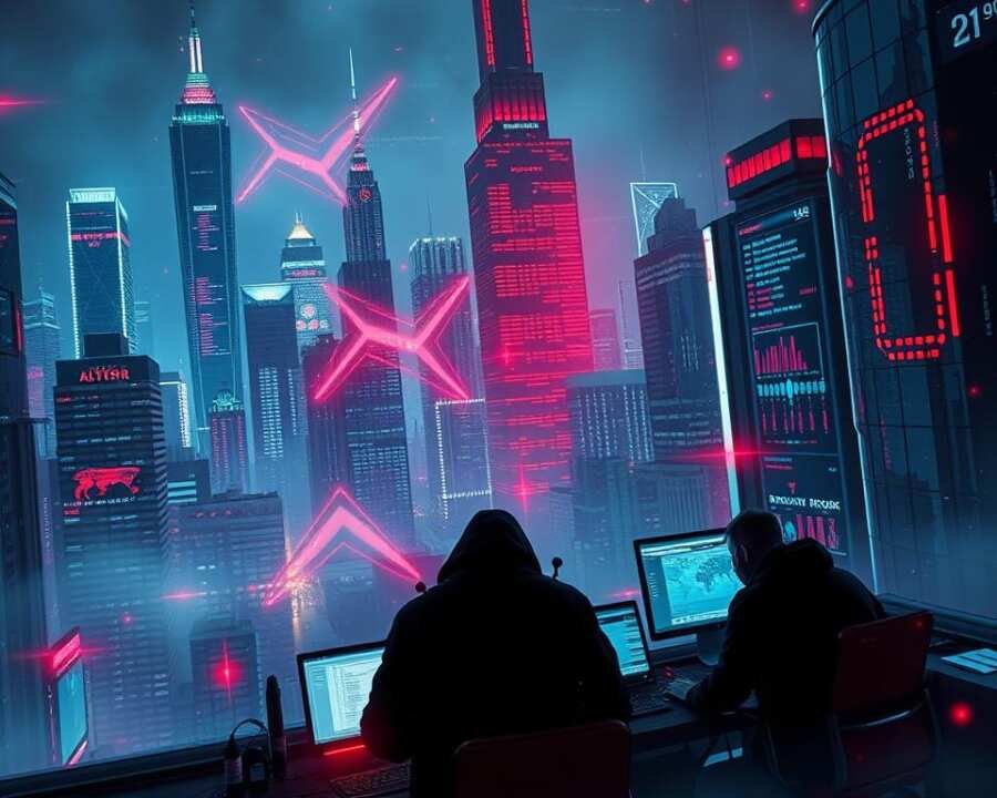 A cyberpunk cityscape shrouded in a digital haze, neon-lit skyscrapers piercing the night sky. In the foreground, a trio of shadowy figures huddled over glowing screens, orchestrating a complex web of cyber attacks. Pulsing data streams and holographic displays flicker in the background, reflecting the chaos and intensity of the ongoing campaign. Ominous red alerts flash, warning of network breaches and system failures. The atmosphere is tense, the mood ominous, as the hackers navigate the high-stakes world of digital warfare.