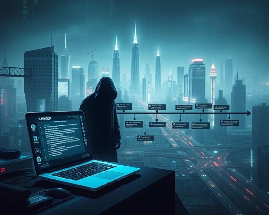 A cyberpunk-inspired timeline illustrating the stages of a ransomware attack, set against a dystopian cityscape. In the foreground, a glowing laptop screen displays a ransom note, surrounded by ominous figures cloaked in digital shadows. In the middle ground, a network of interconnected devices and data streams pulsate with activity, while in the background, towering skyscrapers and neon-lit streets convey a sense of technological advancement and vulnerability. The scene is bathed in an eerie, cool-toned lighting, creating an atmosphere of unease and impending threat, reflecting the narrative of the "FIN10 hacker group's 2025 Cleo Software Exploit". A cyberpunk-inspired timeline illustrating the stages of a ransomware attack, set against a dystopian cityscape. In the foreground, a glowing laptop screen displays a ransom note, surrounded by ominous figures cloaked in digital shadows. In the middle ground, a network of interconnected devices and data streams pulsate with activity, while in the background, towering skyscrapers and neon-lit streets convey a sense of technological advancement and vulnerability. The scene is bathed in an eerie, cool-toned lighting, creating an atmosphere of unease and impending threat, reflecting the narrative of the "FIN10 hacker group's 2025 Cleo Software Exploit".