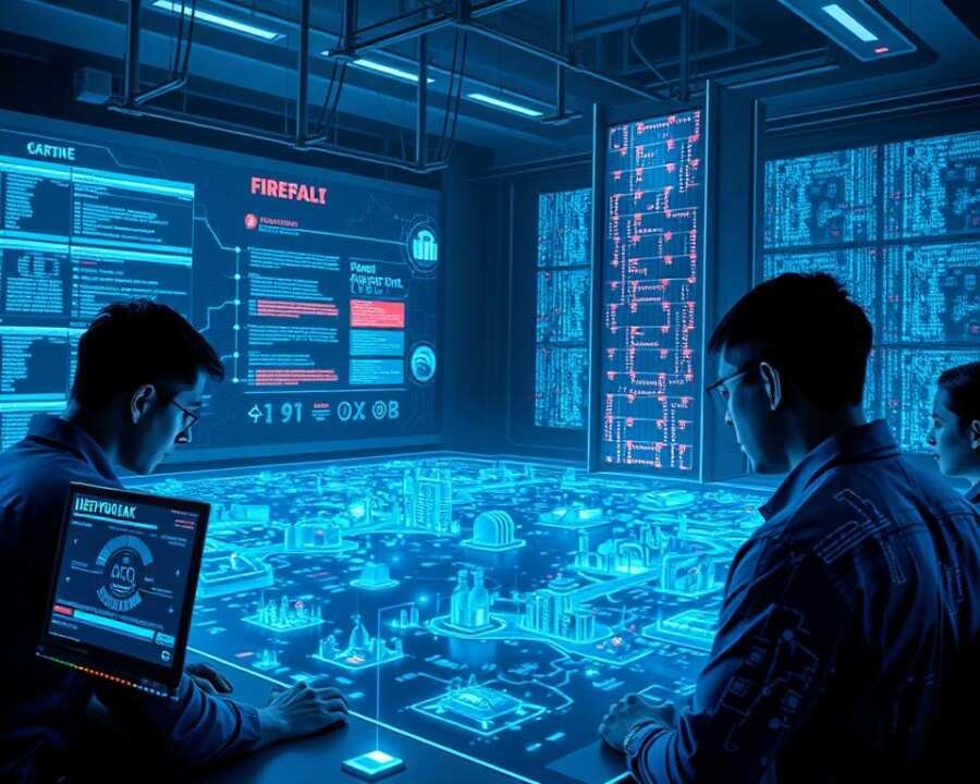 A cybersecurity command center, illuminated by the glow of holographic displays and digital interfaces. In the foreground, a team of cybersecurity experts analyze network traffic and threat data, their faces intense with concentration. The middle ground features a sprawling 3D model of a digital landscape, pulsing with activity and intrusion alerts. In the background, a towering firewall stands guard, its intricate algorithms and defense protocols visible as cascading lines of code. The scene is bathed in a cool, blue-tinted lighting, creating an atmosphere of high-stakes digital warfare. The overall mood conveys a sense of vigilance, technical sophistication, and the tireless efforts to protect against ever-evolving cyber threats.