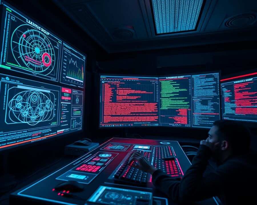 A cybersecurity command center, its screens displaying Lazarus Group's notorious crypto attacks. The room is dimly lit, with a cool, ominous atmosphere. Holographic visualizations depict intricate network diagrams, encrypted data streams, and cascading system failures. In the foreground, a security analyst narrows their eyes, fingers flying across a sleek, futuristic console as they trace the group's complex, ever-evolving tactics. The background is shrouded in darkness, hinting at the vast, shadowy scale of the Lazarus Group's global operations. The scene conveys a sense of high-stakes, high-tech confrontation between defenders and this formidable, state-sponsored hacker collective.