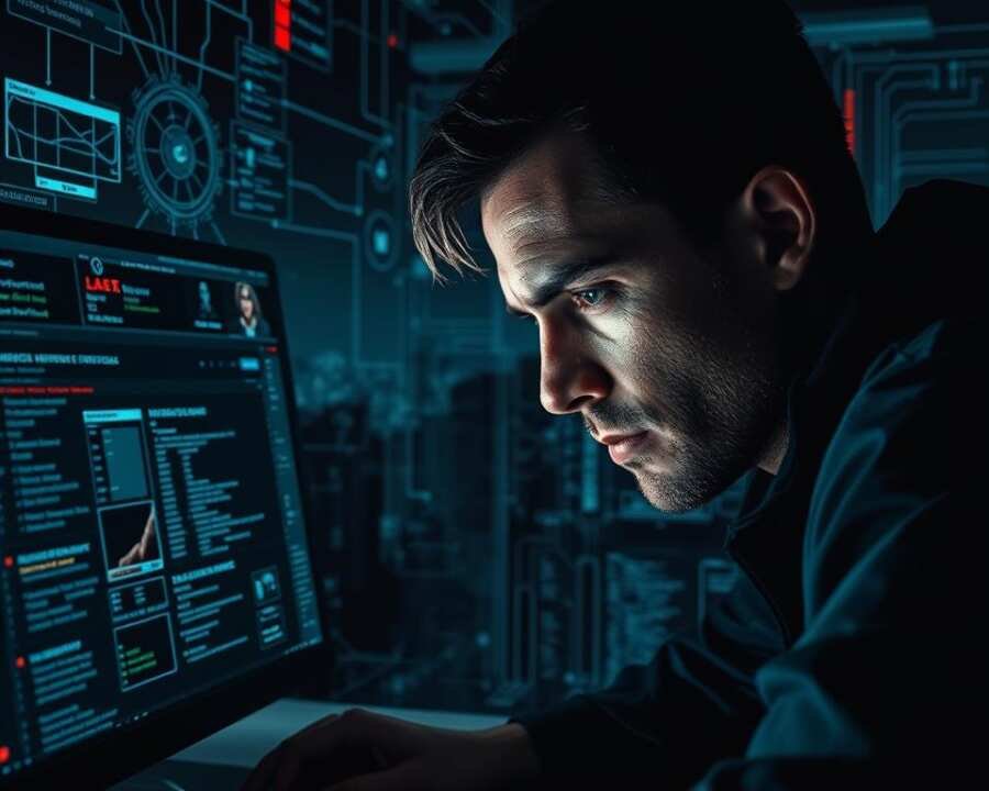 A cybersecurity professional examining a computer screen, surrounded by complex network diagrams, lines of code, and vulnerability data. The foreground features a focused, intense expression, conveying the gravity of the situation. Dramatic lighting casts shadows, creating a tense, ominous atmosphere. The middle ground showcases an array of digital tools and security dashboards, highlighting the technical nature of the vulnerability exploitation process. The background blends a dark, foreboding cityscape with a matrix of interconnected systems, emphasizing the widespread impact of such threats. The overall scene evokes a sense of urgency, expertise, and the high-stakes nature of cybersecurity in the face of advanced persistent threats. A cybersecurity professional examining a computer screen, surrounded by complex network diagrams, lines of code, and vulnerability data. The foreground features a focused, intense expression, conveying the gravity of the situation. Dramatic lighting casts shadows, creating a tense, ominous atmosphere. The middle ground showcases an array of digital tools and security dashboards, highlighting the technical nature of the vulnerability exploitation process. The background blends a dark, foreboding cityscape with a matrix of interconnected systems, emphasizing the widespread impact of such threats. The overall scene evokes a sense of urgency, expertise, and the high-stakes nature of cybersecurity in the face of advanced persistent threats.