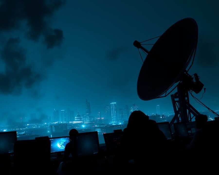 A dark and foreboding scene of cyber warfare in the Middle East. In the foreground, a large satellite dish emits an eerie blue glow, symbolizing the advanced communication infrastructure that enables the hacker group's attacks. In the middle ground, silhouettes of figures hunched over computer screens, their faces obscured by the glow of monitors, orchestrating intricate digital maneuvers. In the background, a skyline of Middle Eastern architecture is partially obscured by a swirling haze of data, representing the pervasive and persistent nature of the threat. The lighting is dramatic, with deep shadows and highlights that create a sense of tension and unease. The overall atmosphere is one of technological prowess, strategic precision, and the looming shadow of a formidable adversary. A dark and foreboding scene of cyber warfare in the Middle East. In the foreground, a large satellite dish emits an eerie blue glow, symbolizing the advanced communication infrastructure that enables the hacker group's attacks. In the middle ground, silhouettes of figures hunched over computer screens, their faces obscured by the glow of monitors, orchestrating intricate digital maneuvers. In the background, a skyline of Middle Eastern architecture is partially obscured by a swirling haze of data, representing the pervasive and persistent nature of the threat. The lighting is dramatic, with deep shadows and highlights that create a sense of tension and unease. The overall atmosphere is one of technological prowess, strategic precision, and the looming shadow of a formidable adversary.
