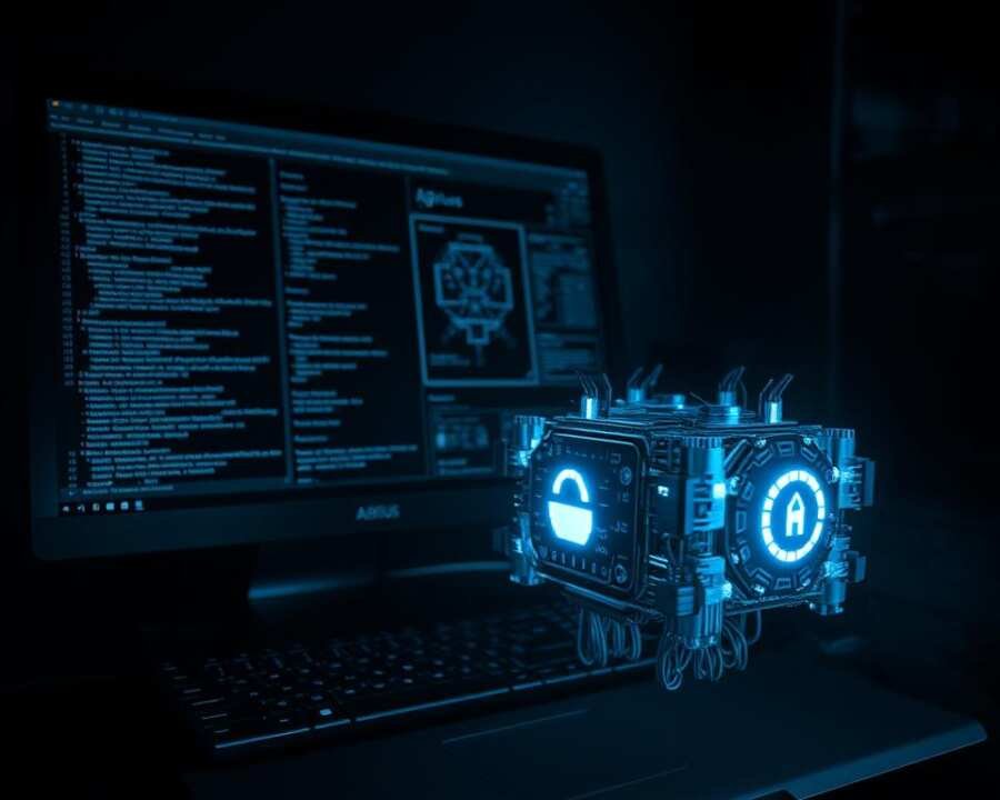 A dark and ominous computer desktop, its screen displaying complex code and network diagrams detailing the infrastructure of the notorious Agrius malware. In the foreground, an intricate 3D model of the malware's core components hovers, glowing with an eerie blue light. The background is shrouded in deep shadows, hinting at the sinister nature of this cybersecurity threat. The scene is illuminated by a dramatic chiaroscuro lighting, casting dramatic shadows and highlights that accentuate the technical details. The overall atmosphere is one of tension and foreboding, reflecting the gravity of the Agrius threat.