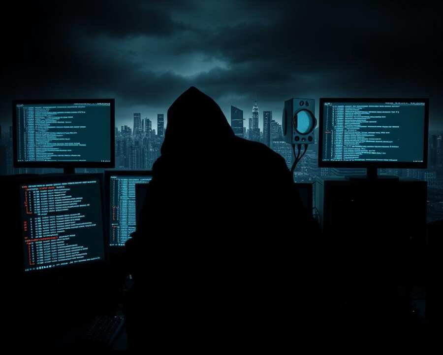 A dark and ominous cybercrime scene unfolds, with a shadowy figure hunched over a glowing computer terminal, their face obscured in shadows. In the foreground, complex lines of code cascade across multiple screens, hinting at the intricate web of infiltration techniques employed by the notorious Indrik Spider hacker group. The mid-ground is dominated by a tangle of cables and network equipment, creating a sense of technological complexity and obfuscation. In the background, a distorted city skyline looms, suggesting the far-reaching impact of the group's activities. The lighting is stark and dramatic, casting deep shadows and highlighting the technical details, conveying a sense of the gravity and precision of the group's cyber-attacks.
