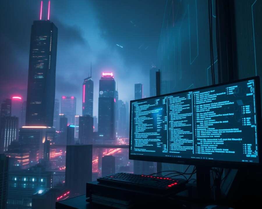 A dark and ominous cyberpunk landscape, with neon-lit skyscrapers and a looming technological presence. In the foreground, a hacker's workstation comes into focus, illuminated by the glow of multiple holographic displays. Intricate lines of code cascade across the screens, hinting at the complex and covert techniques being employed. The atmosphere is tense, with an underlying sense of danger and urgency, reflecting the high-stakes world of cyber espionage and intrusion. The lighting is a mix of cool, ethereal tones and warmer, more intense hues, creating a sense of depth and atmosphere. The overall composition conveys the power and sophistication of modern cyber threats.