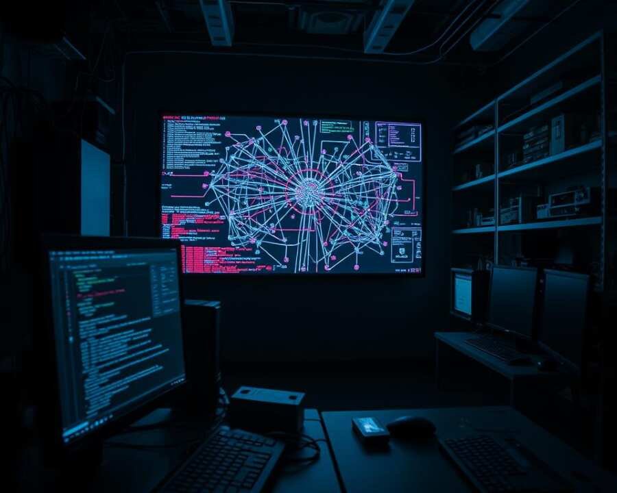 A dark and ominous cybersecurity laboratory, bathed in the eerie glow of computer screens. In the foreground, a forensic workstation displays a tangle of digital artifacts - network logs, encrypted files, and suspicious system events. The middle ground is dominated by a massive, high-resolution display showing a complex web of connections, hinting at the intricate nature of the ProjectSauron hacker group's attacks. In the background, shelves filled with specialized forensic tools and equipment cast long shadows, adding to the tense, investigative atmosphere. The scene is illuminated by a combination of cool, clinical lighting and the flickering electronic displays, creating a sense of urgency and importance befitting the uncovering of these significant indicators of compromise.