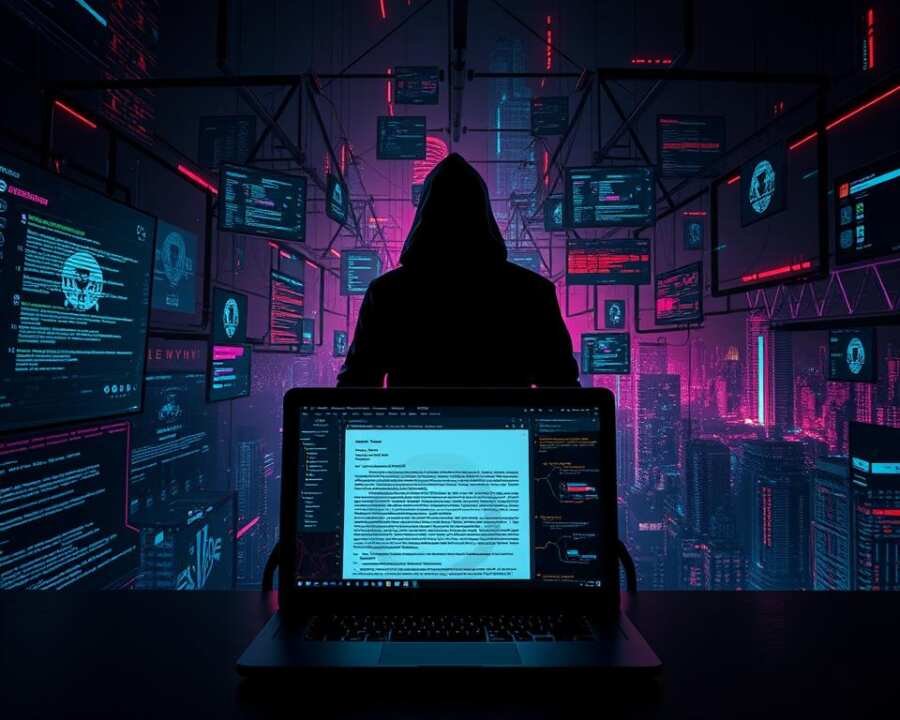 A dark and ominous cybersecurity landscape, with a shadowy figure at the center, surrounded by a web of glowing screens displaying various hacking techniques. In the foreground, a laptop screen displays a phishing email, its contents obscured by a swirling data vortex. The middle ground features a maze of code, protocols, and data streams, while the background is a moody, neon-tinged cityscape, hinting at the global scale of the threat. The lighting is dramatic, with a mix of harsh shadows and bright, pulsing highlights, conveying the high-stakes, high-tension nature of the Cobalt Group's attacks. The overall atmosphere is one of techno-dread, reflecting the gravity and sophistication of the group's tactics.