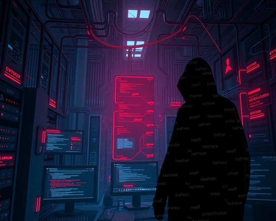 A dark and ominous cybersecurity landscape, with complex data networks, servers, and shadowy figures representing notable cyberattack case studies. The foreground features a looming, ominous figure cloaked in digital camouflage, symbolizing the tactics and techniques of the DarkVishnya hacker group. The middle ground showcases various hacked systems, with screens displaying breach data, error messages, and corrupted files. The background is a maze of interconnected digital infrastructure, with glowing lines and ominous red alerts, creating a sense of technological vulnerability. The lighting is dramatic, with deep shadows and highlights that accentuate the gravity of the situation. The overall mood is one of tension, danger, and the high-stakes world of cybersecurity incidents.
