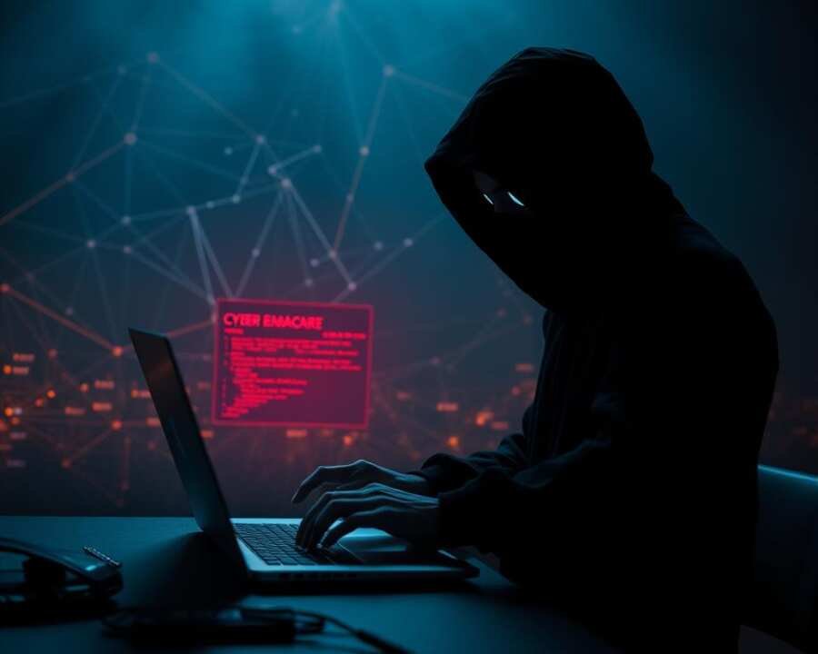 A dark and ominous landscape, a shadowy figure wielding a laptop, their eyes glowing with an eerie intensity. In the background, a complex network of lines and symbols representing the intricate workings of a sophisticated ransomware program. The scene is illuminated by a dim, flickering light, casting an unsettling atmosphere. The figure's movements are fluid and calculated, their fingers deftly navigating the keyboard, as they deploy advanced techniques to evade detection and penetrate secure systems. The image conveys a sense of unease and the ever-evolving threat of cyber attacks, with the ransomware evasion tactics at the heart of this malicious operation.