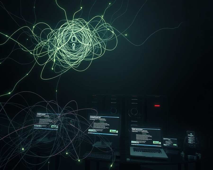 A dark and ominous scene depicting the encryption process of the QWCrypt ransomware. In the foreground, a complex network of intertwining lines and shapes representing the intricate algorithm, glowing with an eerie, neon-like energy. In the middle ground, a series of digital devices - laptops, servers, and smartphones - being systematically encrypted, their screens flickering with warning messages. The background is shrouded in a deep, impenetrable darkness, hinting at the scale and severity of the attack. The lighting is dramatic, casting long shadows and highlighting the ominous nature of the scene. The overall mood is one of dread and foreboding, capturing the dread and panic that would accompany such a devastating ransomware assault. A dark and ominous scene depicting the encryption process of the QWCrypt ransomware. In the foreground, a complex network of intertwining lines and shapes representing the intricate algorithm, glowing with an eerie, neon-like energy. In the middle ground, a series of digital devices - laptops, servers, and smartphones - being systematically encrypted, their screens flickering with warning messages. The background is shrouded in a deep, impenetrable darkness, hinting at the scale and severity of the attack. The lighting is dramatic, casting long shadows and highlighting the ominous nature of the scene. The overall mood is one of dread and foreboding, capturing the dread and panic that would accompany such a devastating ransomware assault.