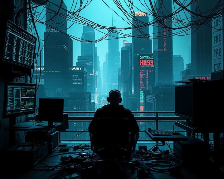 A dark and ominous scene, depicting the organized financial-theft operation of the FIN13 hacker group (Elephant Beetle). In the foreground, a shadowy figure sits at a desk, surrounded by an array of digital devices and screens displaying complex financial data and transaction histories. The middle ground showcases a network of interconnected wires and cables, representing the intricate web of digital infrastructure that the hackers have infiltrated. In the background, a cityscape of towering skyscrapers and neon-lit streets sets the stage, hinting at the global scale of the group's financial crimes. The lighting is dramatic, with deep shadows and highlights that convey a sense of secrecy and deception. The overall atmosphere is one of unease and foreboding, reflecting the sophisticated and predatory nature of the FIN13 hacker group's financial theft strategies. A dark and ominous scene, depicting the organized financial-theft operation of the FIN13 hacker group (Elephant Beetle). In the foreground, a shadowy figure sits at a desk, surrounded by an array of digital devices and screens displaying complex financial data and transaction histories. The middle ground showcases a network of interconnected wires and cables, representing the intricate web of digital infrastructure that the hackers have infiltrated. In the background, a cityscape of towering skyscrapers and neon-lit streets sets the stage, hinting at the global scale of the group's financial crimes. The lighting is dramatic, with deep shadows and highlights that convey a sense of secrecy and deception. The overall atmosphere is one of unease and foreboding, reflecting the sophisticated and predatory nature of the FIN13 hacker group's financial theft strategies.