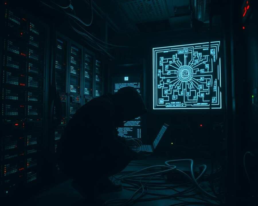 A dark, cluttered server room, dimly lit by the glow of blinking LEDs. In the foreground, a shadowy figure hunches over a laptop, lines of code flashing across the screen. The air is thick with tension, the hum of machinery punctuated by the occasional chirp of an alert. Cables snake across the floor, connecting the various hardware components that make up the network infrastructure. In the background, a schematic diagram of a network topology is barely visible, hinting at the complex systems the hacker is attempting to infiltrate. The overall atmosphere is one of clandestine activity, a sense of unease permeating the scene as the hacker works to deploy a stealthy backdoor into the system. A dark, cluttered server room, dimly lit by the glow of blinking LEDs. In the foreground, a shadowy figure hunches over a laptop, lines of code flashing across the screen. The air is thick with tension, the hum of machinery punctuated by the occasional chirp of an alert. Cables snake across the floor, connecting the various hardware components that make up the network infrastructure. In the background, a schematic diagram of a network topology is barely visible, hinting at the complex systems the hacker is attempting to infiltrate. The overall atmosphere is one of clandestine activity, a sense of unease permeating the scene as the hacker works to deploy a stealthy backdoor into the system.
