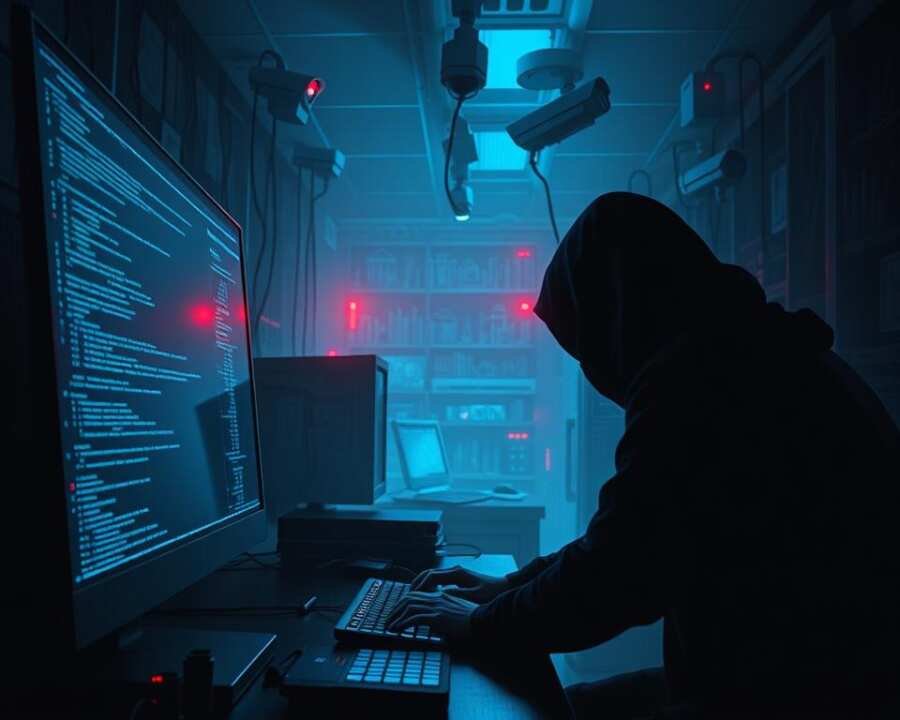 A dark, cyber-themed scene depicting data exfiltration techniques. In the foreground, a shadowy figure hunched over a sleek, futuristic computer terminal, lines of code and data streams cascading across multiple displays. Soft blue and green hues bathe the scene, creating an ominous, hacker-like atmosphere. In the middle ground, an array of security systems and surveillance cameras, their red indicator lights blinking ominously. The background is shrouded in a haze of digital noise, with glitching, distorted imagery suggesting the complex, secretive nature of the data theft. Dramatic lighting, deep shadows, and a sense of technological intrigue permeate the entire composition.