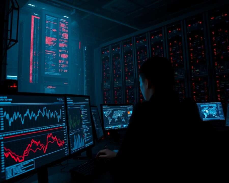 A dark, cyberpunk-inspired scene depicting various cyber attack detection methods. In the foreground, a network monitoring dashboard displays real-time data visualizations, with lines and graphs pulsing with activity. In the middle ground, a team of cybersecurity analysts scrutinize multiple screens, their faces illuminated by the glow of digital displays. In the background, a towering data center looms, its servers flickering with coded information. The atmosphere is tense and foreboding, conveying the high-stakes nature of modern cyber threats. The lighting is moody, with deep shadows and highlights that accentuate the technological elements. The overall composition suggests the complexity and vigilance required to safeguard against advanced persistent threats.