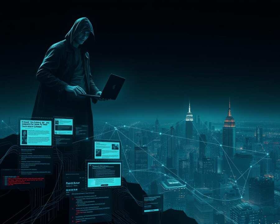 A dark digital landscape, dominated by a towering figure cloaked in ominous shadows and wielding a powerful laptop, symbolizing the cyber attacks on media outlets. In the foreground, glowing screens depict fragments of hacked news articles and social media posts, while a swirling vortex of data streams and code snippets creates a sense of digital chaos. The mid-ground features a cityscape, its skyscrapers and towers partially obscured by a matrix of interconnected digital threads, representing the vulnerability of modern communication networks. The background is a deep, moody gradient, evoking a sense of unease and the underlying threat of these cyber attacks. The overall atmosphere is one of tension, vulnerability, and the power of digital intrusion.