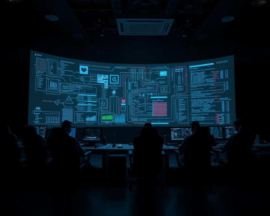 A dark, dimly lit command center with a large, curved display screen dominating the foreground. The screen shows a complex network of interconnected nodes, lines, and data visualizations, indicating the active control and monitoring of a sophisticated malware infrastructure. In the middle ground, a set of ergonomic chairs and consoles are arrayed around the central display, occupied by shadowy figures intently focused on their tasks. The background is shrouded in shadows, hinting at the clandestine and secretive nature of the operation. The lighting is moody and ominous, casting dramatic shadows and highlighting the intensity of the scene. An air of technological prowess and menacing intent permeates the entire image. A dark, dimly lit command center with a large, curved display screen dominating the foreground. The screen shows a complex network of interconnected nodes, lines, and data visualizations, indicating the active control and monitoring of a sophisticated malware infrastructure. In the middle ground, a set of ergonomic chairs and consoles are arrayed around the central display, occupied by shadowy figures intently focused on their tasks. The background is shrouded in shadows, hinting at the clandestine and secretive nature of the operation. The lighting is moody and ominous, casting dramatic shadows and highlighting the intensity of the scene. An air of technological prowess and menacing intent permeates the entire image.