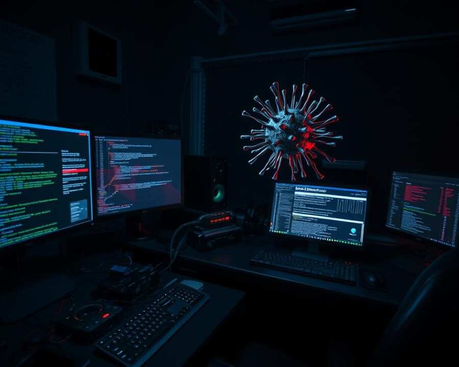 A dark, dimly-lit cybersecurity lab, with an array of high-tech monitors and devices sprawled across a cluttered desk. In the foreground, a network analyzer displays a complex web of connections, while a virtual machine runs a suite of malware detection tools, their interfaces glowing with data visualizations. In the middle ground, a 3D model of a computer virus hovers, its intricate structure pulsing with ominous energy. The background is shrouded in shadows, hinting at the unseen threats lurking in the digital realm. The overall atmosphere is one of tension and intensity, conveying the gravity of the task at hand: uncovering the tactics and tools employed by the notorious GALLIUM hacking group. A dark, dimly-lit cybersecurity lab, with an array of high-tech monitors and devices sprawled across a cluttered desk. In the foreground, a network analyzer displays a complex web of connections, while a virtual machine runs a suite of malware detection tools, their interfaces glowing with data visualizations. In the middle ground, a 3D model of a computer virus hovers, its intricate structure pulsing with ominous energy. The background is shrouded in shadows, hinting at the unseen threats lurking in the digital realm. The overall atmosphere is one of tension and intensity, conveying the gravity of the task at hand: uncovering the tactics and tools employed by the notorious GALLIUM hacking group.