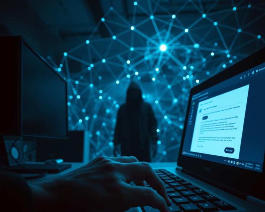 A dark, dimly-lit office setting. In the foreground, a person's hand hovers over a computer keyboard, fingers poised to strike. The screen displays an email, the subject line hinting at a malicious phishing attempt. In the middle ground, a shadowy figure lurks, watching intently. The background is filled with a web of interconnected nodes, representing the complex network of the target organization. Eerie blue-green hues cast an ominous glow, heightening the sense of danger and unease. The overall atmosphere conveys the stealth and cunning of a social engineering attack, the unseen threat of "spear-phishing" poised to infiltrate and compromise the system. A dark, dimly-lit office setting. In the foreground, a person's hand hovers over a computer keyboard, fingers poised to strike. The screen displays an email, the subject line hinting at a malicious phishing attempt. In the middle ground, a shadowy figure lurks, watching intently. The background is filled with a web of interconnected nodes, representing the complex network of the target organization. Eerie blue-green hues cast an ominous glow, heightening the sense of danger and unease. The overall atmosphere conveys the stealth and cunning of a social engineering attack, the unseen threat of "spear-phishing" poised to infiltrate and compromise the system.