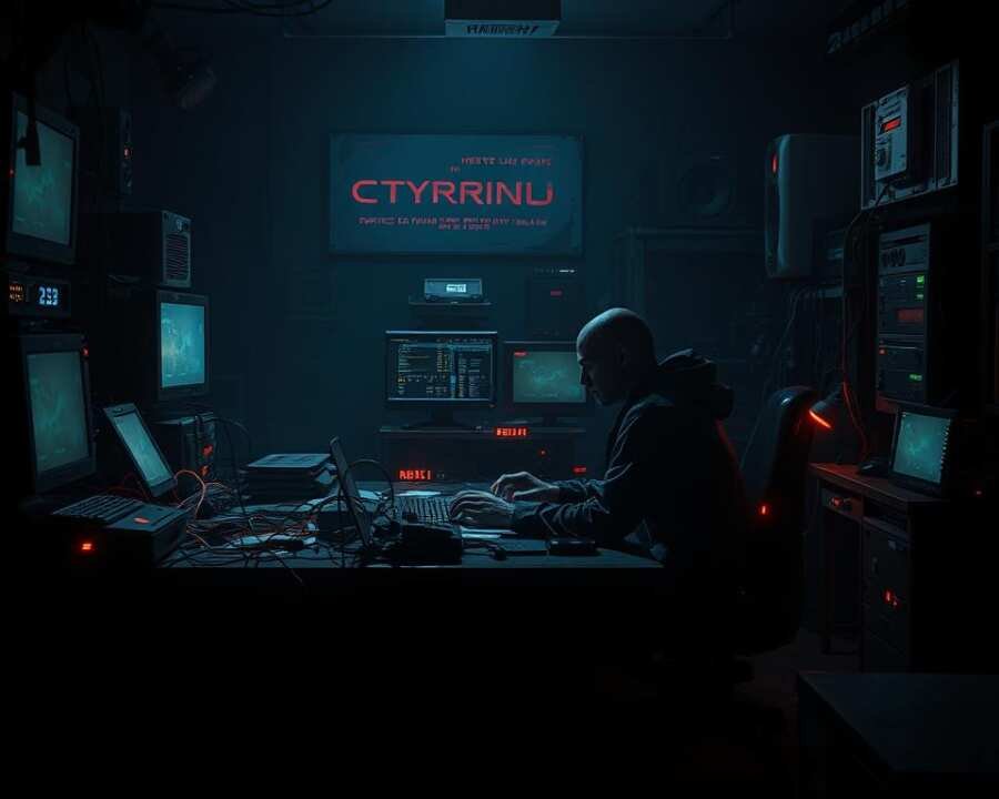 A dark, dimly lit room with two figures seated at a cluttered desk, their faces obscured in shadow. Surrounding them, a tangle of wires and cables, flashing screens, and ominous-looking hardware. The air is thick with tension, as the two figures appear to be in deep discussion, plotting their next move. The lighting is harsh and dramatic, casting dramatic shadows that add to the sense of foreboding. The overall atmosphere is one of clandestine collaboration, a partnership forged in the shadows of the digital underworld.
