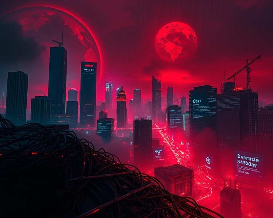 A dark, dystopian cityscape shrouded in a digital haze, with towering skyscrapers and critical infrastructure crippled by a sinister cyber attack. In the foreground, a network of tangled cables and glowing circuitry pulsates with an ominous energy, while the sky is cast in an eerie, glowing red hue. Amidst the chaos, holographic displays flicker with data and warnings, conveying the global scale and devastating impact of the cyber threat. The scene is lit by an intense, directional light source, casting sharp shadows and emphasizing the grim, foreboding atmosphere. The composition is balanced, with the cityscape and digital elements creating a sense of depth and complexity. The overall mood is one of alarm, vulnerability, and the unsettling realization of the far-reaching consequences of such a cyber attack.