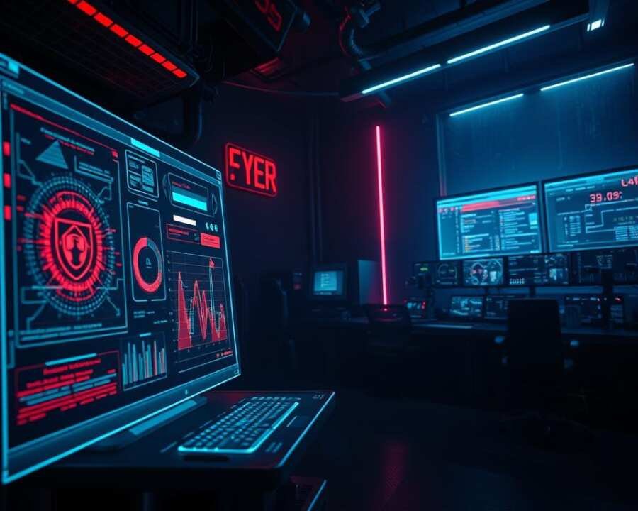 A dark, dystopian cyberpunk scene of advanced cyber threat detection indicators. In the foreground, a holographic display shows intricate data visualizations and threat analytics, casting an eerie glow. In the middle ground, sleek security consoles and networked monitoring systems, their screens flickering with real-time threat data. The background is shrouded in a moody, neon-tinged atmosphere, conveying a sense of technological dominance and impending digital danger. Dramatic low-angle lighting highlights the imposing presence of the cyber threat detection systems, creating a foreboding and immersive atmosphere. A dark, dystopian cyberpunk scene of advanced cyber threat detection indicators. In the foreground, a holographic display shows intricate data visualizations and threat analytics, casting an eerie glow. In the middle ground, sleek security consoles and networked monitoring systems, their screens flickering with real-time threat data. The background is shrouded in a moody, neon-tinged atmosphere, conveying a sense of technological dominance and impending digital danger. Dramatic low-angle lighting highlights the imposing presence of the cyber threat detection systems, creating a foreboding and immersive atmosphere.
