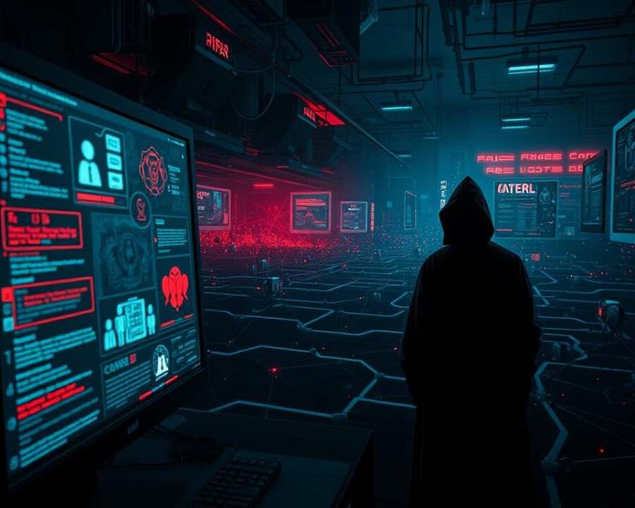 A dark, foreboding digital landscape filled with malicious activity. In the foreground, a glowing computer screen displays various phishing tactics and malware symbols - corrupt code, ominous figures, and deceptive interfaces. The middle ground features a complex network of interconnected nodes and pathways, hinting at the intricate infrastructure of cybercriminal operations. In the distant background, a shadowy figure with a hooded cloak, representing the elusive DarkVishnya hacker group, looms ominously, orchestrating the digital mayhem. The scene is illuminated by an eerie, neon-tinged lighting, creating an atmosphere of technological dread and the constant threat of digital exploitation.