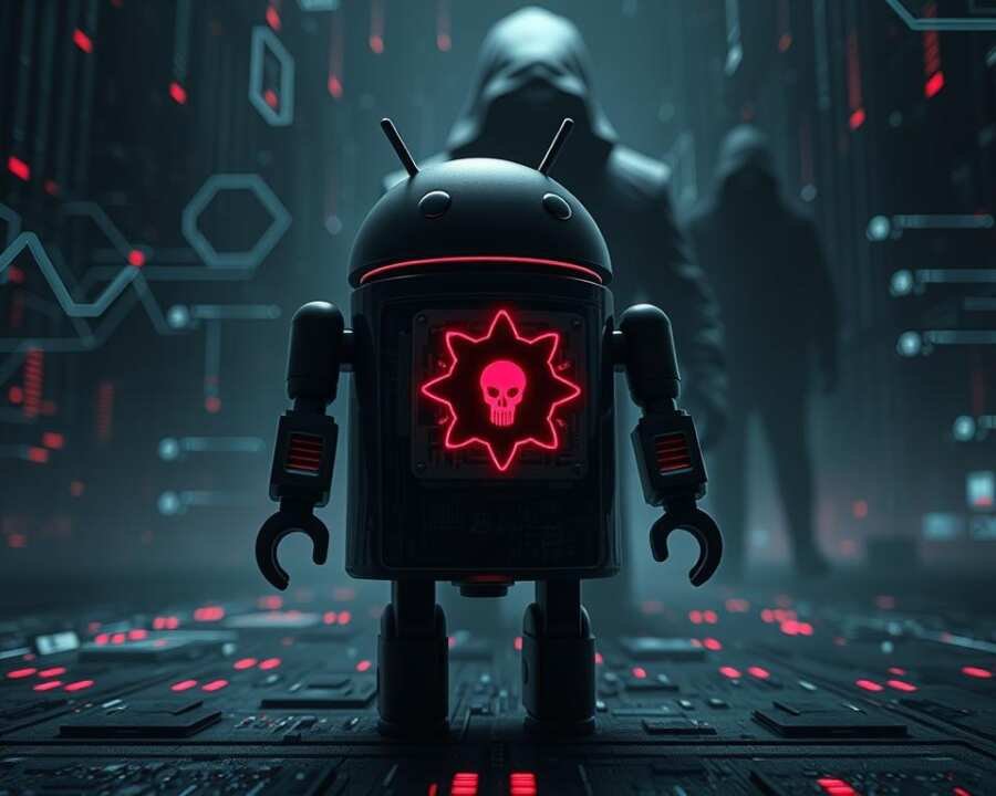 A dark, foreboding scene of an Android device under the siege of malicious code. In the foreground, a high-contrast, 3D-rendered Android robot symbolizing the targeted platform, its circuits and internals exposed, with a sinister glowing virus icon embedded in its chassis. The middle ground features a swarm of abstract, geometric shapes and lines representing the malware's complex algorithms, surging and pulsing with an eerie, bioluminescent glow. In the distant background, a shadowy silhouette of a hooded figure, the mastermind behind this cyber assault, looms ominously, casting an ominous presence over the entire scene. Cinematic lighting and a moody, dystopian color palette evoke a sense of dread and the high-stakes, high-tech nature of this digital threat targeting the Middle East.