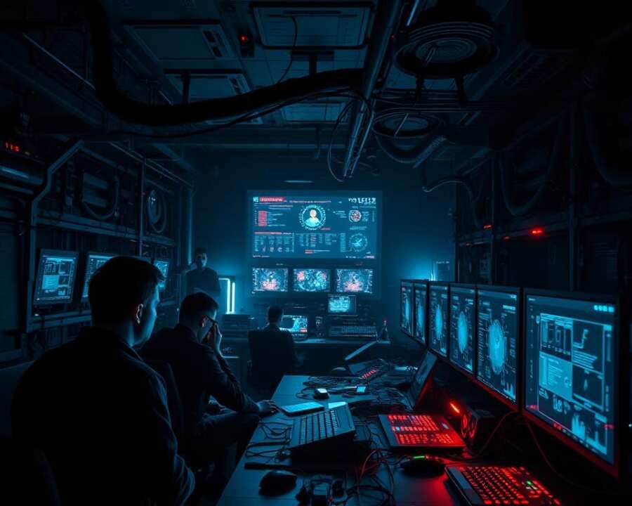 A dark, foreboding scene of proactive threat hunting in a high-tech cybersecurity operations center. In the foreground, a team of analysts intently scrutinizing multiple holographic displays, their faces illuminated by the eerie glow of the screens. In the middle ground, a vast array of sophisticated monitoring equipment, blinking lights, and tangles of cables, creating an atmosphere of intense focus and vigilance. The background is shrouded in deep shadows, hinting at the unseen, ever-evolving threats that lurk in the digital world. Dramatic lighting casts sharp contrasts, creating a sense of urgency and a determination to stay one step ahead of the adversaries. The overall mood is one of heightened awareness, proactive defense, and a relentless pursuit of cyber resilience.