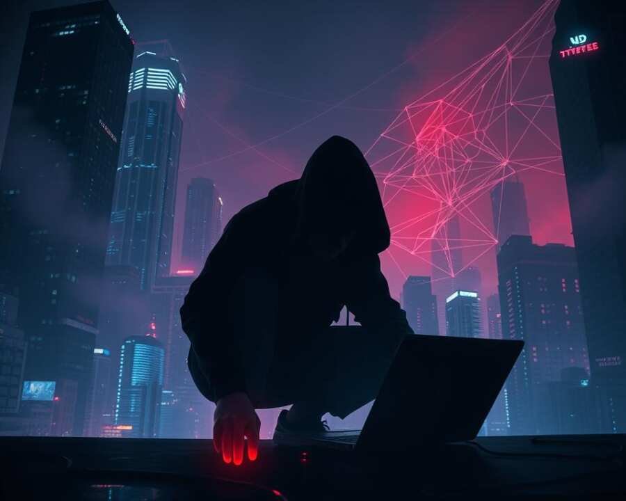A dark, futuristic cityscape at night, with towering skyscrapers and a hazy, cyberpunk atmosphere. In the foreground, a shadowy figure crouches over a laptop, their hands expertly manipulating lines of code. Glowing digital displays and holographic interfaces project a sense of technological sophistication and intrigue. In the middle ground, a complex web of data streams and encrypted connections weave through the air, representing the intricate networks that the hacker navigates. The background is shrouded in a sinister, neon-tinged haze, conveying the clandestine and high-stakes nature of malware evasion techniques. The overall scene evokes a sense of technological prowess, covert operations, and the high-stakes world of cybersecurity. A dark, futuristic cityscape at night, with towering skyscrapers and a hazy, cyberpunk atmosphere. In the foreground, a shadowy figure crouches over a laptop, their hands expertly manipulating lines of code. Glowing digital displays and holographic interfaces project a sense of technological sophistication and intrigue. In the middle ground, a complex web of data streams and encrypted connections weave through the air, representing the intricate networks that the hacker navigates. The background is shrouded in a sinister, neon-tinged haze, conveying the clandestine and high-stakes nature of malware evasion techniques. The overall scene evokes a sense of technological prowess, covert operations, and the high-stakes world of cybersecurity.
