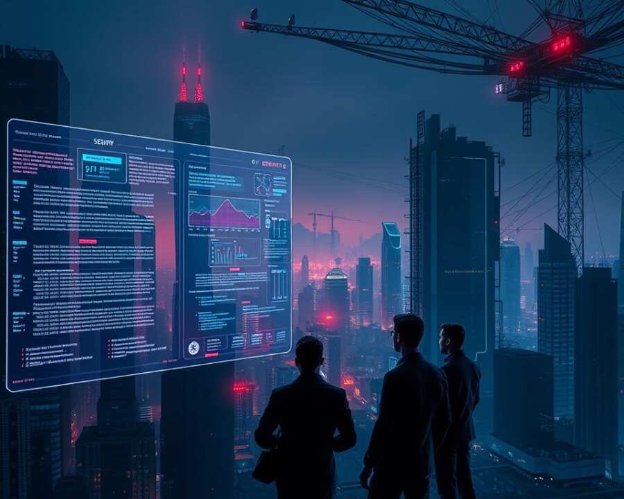 A dark, futuristic cityscape at night, with towering skyscrapers and a hazy, neon-lit atmosphere. In the foreground, a large holographic display shows intricate data visualizations and cybersecurity analytics, with lines of code and security protocols scrolling across the screen. In the middle ground, a team of cybersecurity experts in sleek, high-tech uniforms analyze the data, their faces illuminated by the glow of their digital interfaces. In the background, a complex network of data cables and satellite dishes crisscross the skyline, symbolizing the vast, interconnected nature of modern cybersecurity challenges.