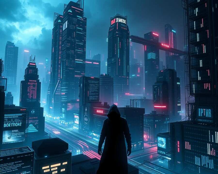 A dark, futuristic cityscape, bathed in an eerie, neon-tinged glow. Towering skyscrapers adorned with ominous, glowing cybernetic enhancements loom over a network of winding, data-infused streets. In the foreground, holographic displays flicker with an array of complex algorithms and data visualizations, hinting at the ceaseless digital warfare raging within this dystopian landscape. Shadowy, hooded figures move stealthily between the buildings, their forms cloaked in a veil of flickering binary code. The air crackles with the electric tension of a world on the precipice of technological singularity, where the boundaries between man and machine blur, and the fate of humanity hangs in the balance. A dark, futuristic cityscape, bathed in an eerie, neon-tinged glow. Towering skyscrapers adorned with ominous, glowing cybernetic enhancements loom over a network of winding, data-infused streets. In the foreground, holographic displays flicker with an array of complex algorithms and data visualizations, hinting at the ceaseless digital warfare raging within this dystopian landscape. Shadowy, hooded figures move stealthily between the buildings, their forms cloaked in a veil of flickering binary code. The air crackles with the electric tension of a world on the precipice of technological singularity, where the boundaries between man and machine blur, and the fate of humanity hangs in the balance.