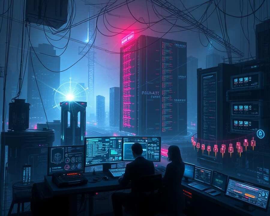 A dark, futuristic cityscape shrouded in a mesh of digital networks and cybersecurity interfaces. In the foreground, a lone hacker workstation with glowing screens, holographic displays, and an array of advanced AI-powered tools. Intricate lines of code and algorithm visualizations cascade across the surfaces, suggesting complex cyber attacks in progress. The middle ground features shadowy figures wielding cutting-edge cybersecurity tech, their movements blurred as they navigate the digital landscape. In the background, a towering data center emits an ominous glow, its servers and infrastructure the target of the AI-assisted assault. An atmosphere of technological prowess, strategic precision, and impending digital chaos pervades the scene. A dark, futuristic cityscape shrouded in a mesh of digital networks and cybersecurity interfaces. In the foreground, a lone hacker workstation with glowing screens, holographic displays, and an array of advanced AI-powered tools. Intricate lines of code and algorithm visualizations cascade across the surfaces, suggesting complex cyber attacks in progress. The middle ground features shadowy figures wielding cutting-edge cybersecurity tech, their movements blurred as they navigate the digital landscape. In the background, a towering data center emits an ominous glow, its servers and infrastructure the target of the AI-assisted assault. An atmosphere of technological prowess, strategic precision, and impending digital chaos pervades the scene.