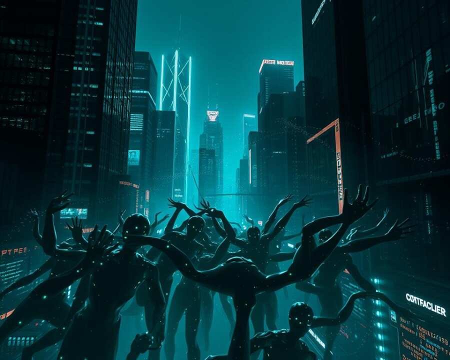 A dark, futuristic cityscape with glowing neon highlights, reflecting off the sleek, glass-paneled skyscrapers. In the foreground, a swarm of amorphous, shifting digital constructs emerge from the shadows, their forms constantly mutating and adapting. Fragments of code and binary data swirl around them, creating an unsettling atmosphere of technological unease. The scene is bathed in an eerie, bluish-green light, casting an ominous glow over the entire landscape. The overall impression is one of impending digital danger, hinting at the malicious potential of these evolving malware variants.