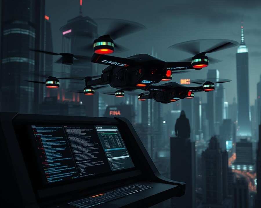 A dark, futuristic cityscape with towering skyscrapers and neon-lit streets. In the foreground, a sleek, high-tech terminal displays lines of code and windows of sensitive data. Hovering above it, a swarm of glowing, cyberpunk-inspired drones equipped with sophisticated hacking tools. In the background, the ominous silhouette of a shadowy figure - the FIN4 hacker group, orchestrating their complex credential theft techniques from the shadows. Dramatic lighting casts dramatic shadows, creating an ominous and foreboding atmosphere. The scene conveys the cutting-edge, high-stakes world of modern cyber espionage.