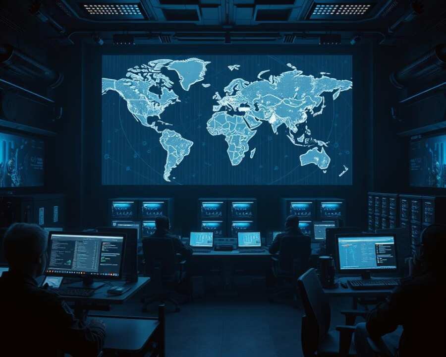 A dark, futuristic command center with holographic displays and high-tech equipment. In the foreground, cyber security specialists monitor screens and analyze data, their faces lit by the glow of displays. In the middle ground, a massive 3D projection map shows the global reach of a cybercrime syndicate. In the background, sleek workstations and advanced servers hum with activity, casting an eerie blue light. The atmosphere is intense, with a sense of urgency and determination as law enforcement works to counter the threat.