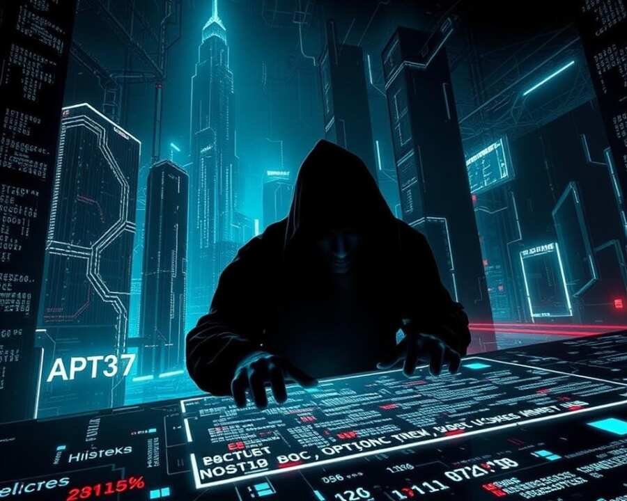 A dark, futuristic scene of cyber espionage evolution. In the foreground, a shadowy figure hunched over a glowing holo-interface, their hands manipulating intricate lines of code. The background is a maze of digital architecture, with towering skyscrapers of binary data and interconnected neural networks pulsing with electric energy. The lighting is stark and dramatic, casting ominous shadows and highlighting the technical details of the scene. An atmosphere of tension and technological prowess pervades the image, reflecting the tactics and evolution of the North Korean APT37 hacker group.