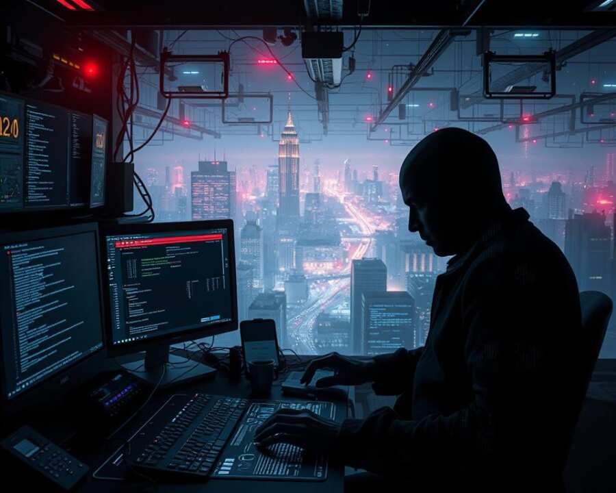 A dark, gritty, cyberpunk-inspired scene depicting the evolution of AI-driven cyber threats in 2025. In the foreground, a shadowy figure manipulates a holographic display, their face obscured by the eerie glow of digital interfaces. Amidst the cluttered workstation, ominous lines of code cascade across multiple screens, hinting at the sophisticated hacking techniques of the POLONIUM group. The middle ground features a vast, dystopian cityscape, its towering skyscrapers and neon-lit streets shrouded in an ominous digital haze. In the background, a complex network of interconnected systems and data flows pulses with an ominous energy, reflecting the scale and complexity of the group's future operations. The overall atmosphere is one of tension, foreboding, and the unsettling power of advanced, AI-driven cyber threats.