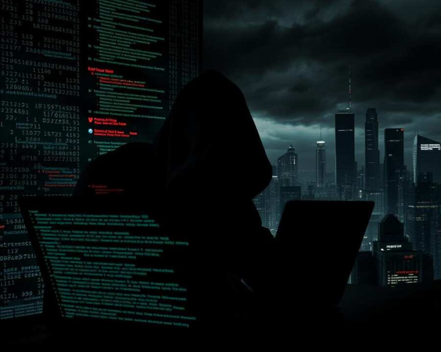 A dark, gritty scene depicting the stages of a ransomware attack chain. In the foreground, a hooded figure hunched over a laptop, lines of code cascading across the screen. Behind them, a matrix of data streams, firewall indicators, and security alerts flashing ominously. In the background, a cityscape shrouded in shadows, skyscrapers silhouetted against an ominous sky. Harsh, high-contrast lighting casts dramatic shadows, creating a sense of tension and foreboding. The overall atmosphere is one of technological intrusion, digital vulnerability, and the relentless, escalating threat of a sophisticated cyber assault.