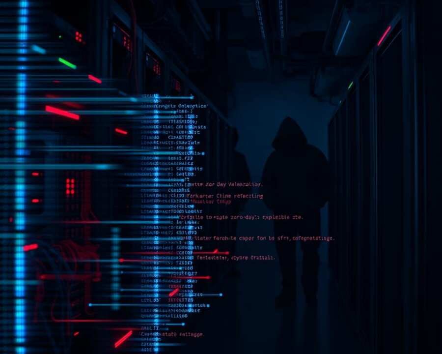 A dark, industrial landscape of a computer server rack, its wires and components exposed, illuminated by ominous red and blue lights. In the foreground, a glitching, distorted image of a computer code overlay, representing the zero-day vulnerabilities being exploited. The background is shrouded in shadows, with silhouettes of anonymous hackers lurking, their actions cloaked in mystery. The scene conveys a sense of urgency, danger, and the ever-present threat of cyber attacks.
