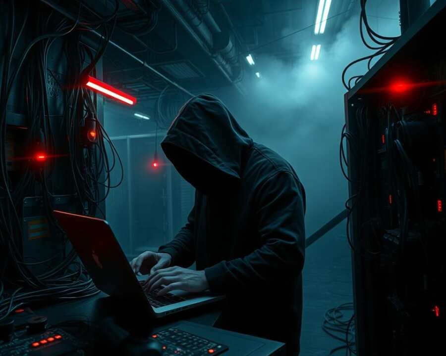 A dark, industrial landscape with exposed wiring and circuit boards, highlighting the exploitation of unpatched vulnerabilities. In the foreground, a hooded figure manipulates a laptop, their face obscured by shadows, symbolizing the stealthy tactics of the LAPSUS$ hacker group. Ominous red warning lights flash intermittently, casting an eerie glow over the scene. The middle ground features a complex network of cables and servers, representing the target infrastructure. The background is shrouded in a thick, ominous haze, conveying a sense of uncertainty and impending danger. The overall atmosphere is one of technical sophistication, vulnerability, and the relentless pursuit of malicious actors. A dark, industrial landscape with exposed wiring and circuit boards, highlighting the exploitation of unpatched vulnerabilities. In the foreground, a hooded figure manipulates a laptop, their face obscured by shadows, symbolizing the stealthy tactics of the LAPSUS$ hacker group. Ominous red warning lights flash intermittently, casting an eerie glow over the scene. The middle ground features a complex network of cables and servers, representing the target infrastructure. The background is shrouded in a thick, ominous haze, conveying a sense of uncertainty and impending danger. The overall atmosphere is one of technical sophistication, vulnerability, and the relentless pursuit of malicious actors.