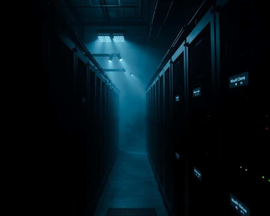 A dark, industrial-looking server room with rows of black, rack-mounted Microsoft Exchange servers. Dim, ambient lighting casts dramatic shadows across the servers, creating a sense of foreboding. The servers are detailed, with visible network cables, vents, and other hardware components. The background is hazy, with a faint glow emanating from the server displays, suggesting the servers are active and operational. The overall atmosphere is tense and ominous, hinting at the potential security vulnerabilities that may lurk within these critical enterprise systems.