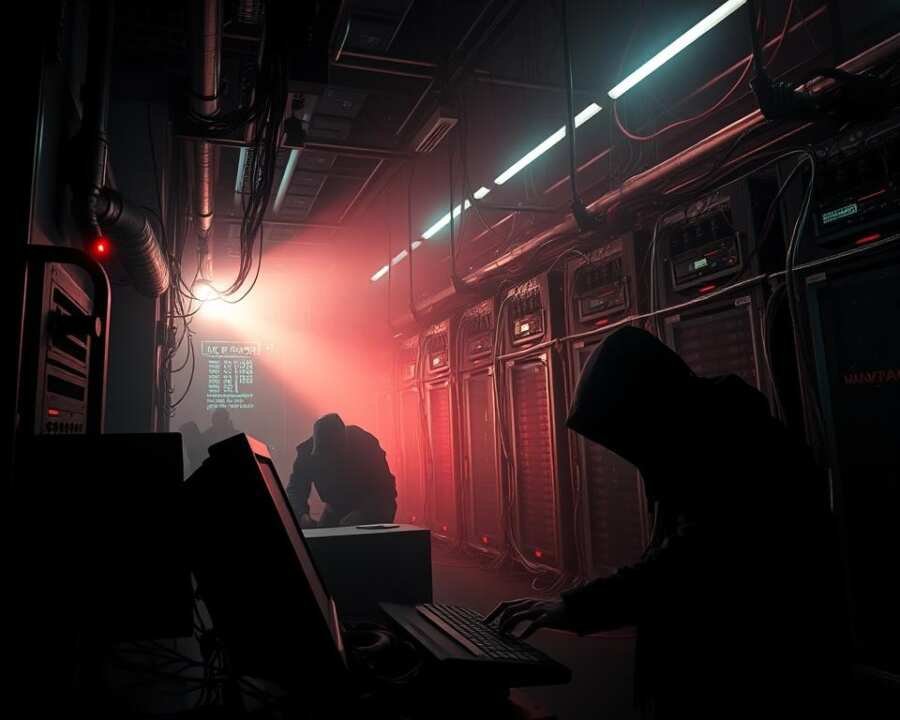 A dark, industrial setting with ominous machinery and ominous silhouettes. In the foreground, a shadowy figure hunched over a computer terminal, fingers flying across the keyboard. The air is thick with an eerie, digital haze. In the background, a sprawling network of servers and cables, pulsing with an unnatural energy. Harsh, flickering lights cast dramatic shadows, heightening the sense of tension and foreboding. The scene conveys the relentless, predatory nature of the Black Basta ransomware, as it infiltrates and corrupts its target systems.